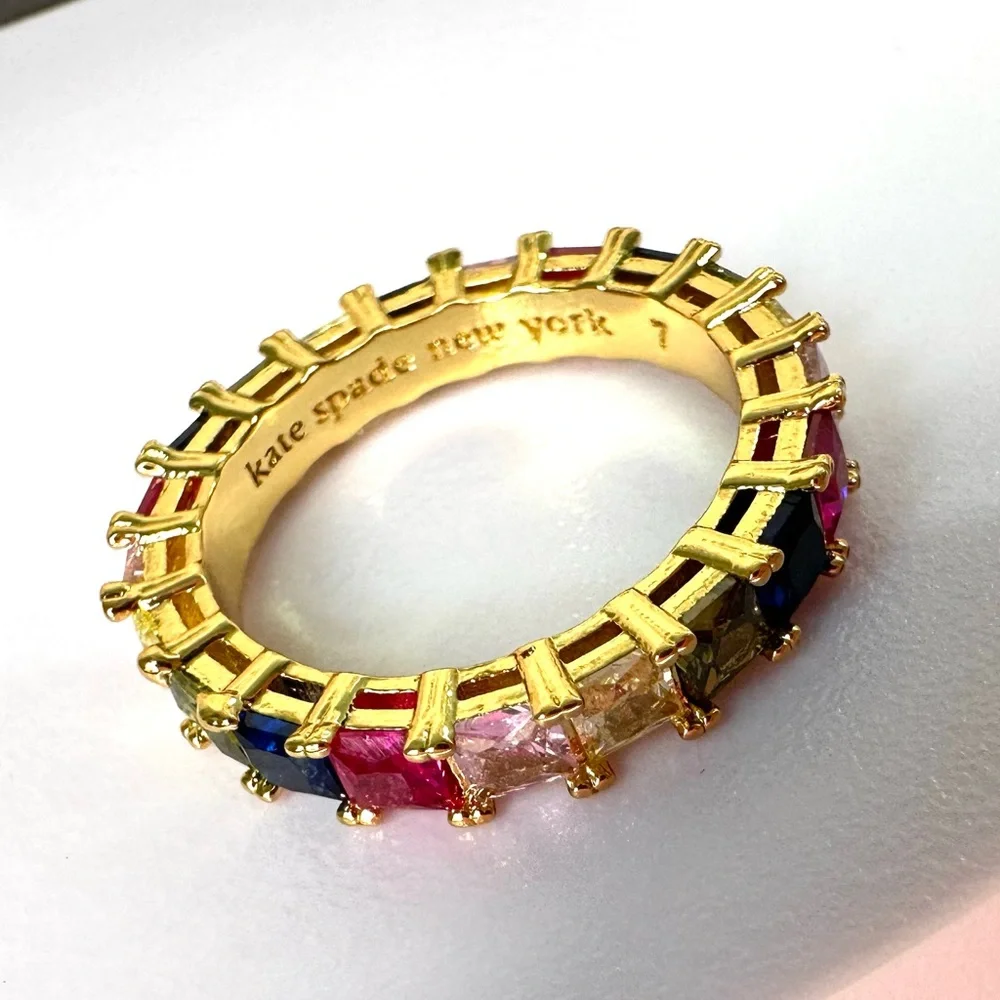 Kate Spade rain or shine stacking Goldtone Ring Set with Pearl & Crystals Size 7